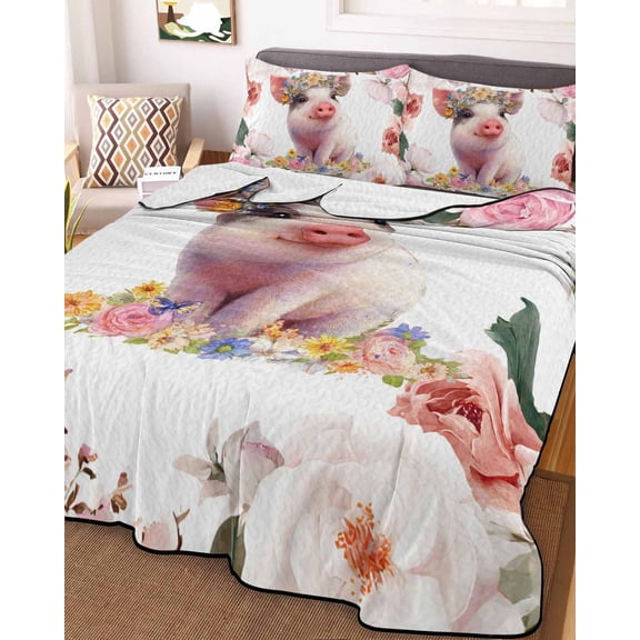 Spring Floral Pig King Size Down Alternative Comforter, Lightweight Comforter Quilt Bedding Set with Pillow Shams Elegant Pink Botanical All Seasons Bed Comforter Duvet Insert 96"x106"