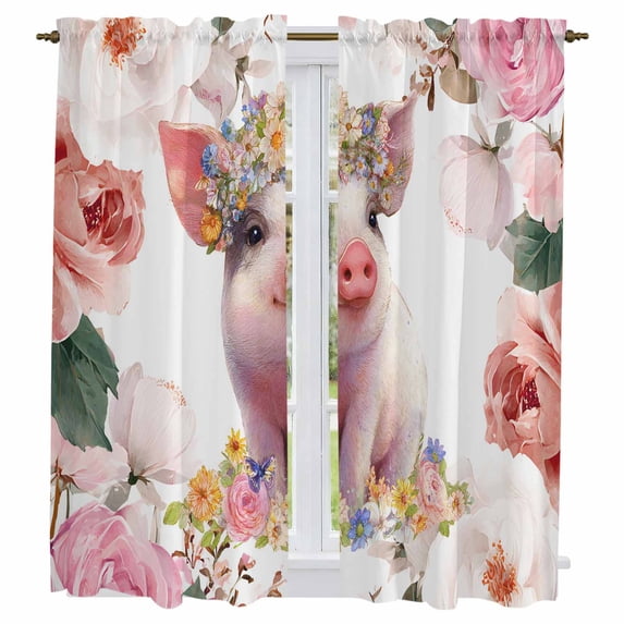 Spring Floral Pig Kitchen Curtains 63 Inch Length, Elegant Pink Botanical Tiers Curtains for Living Room Berdoom Bathroom, Light Filtering Drapes Rod Pocket Window Treatment 2 Panels 42"Wx63"L