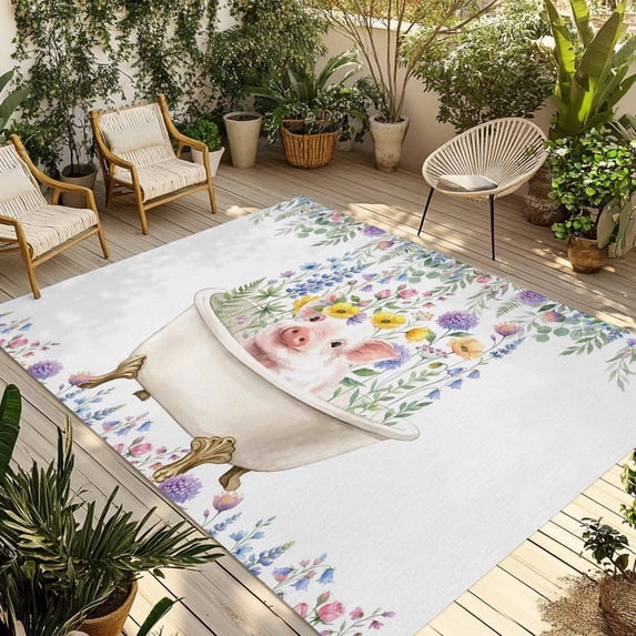 Spring Floral Pig Outdoor Rug for Patio/Deck/Porch, Non-Slip Large Area Rug 5 x 8 Ft, Weeping Flowers Leaves Farmhouse Watercolor Indoor Outdoor Rugs Washable Area Rugs, Camping Rug Carpet Runner