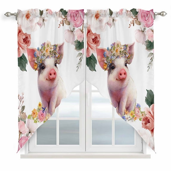 Spring Floral Pig Swag Curtains for Kitchen/Bedroom/Living Room, Elegant Pink Botanical Scalloped Curtains 63 Inch Long, Rod Pocket Window Swag Topper Curtains Valances 2 Panels Set 36"x63"