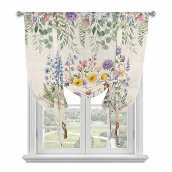 Spring Floral Pig Tie Up Curtains for Windows, Adjustable Balloon Window Shades, Weeping Flowers Leaves Farmhouse Rustic Kitchen Window Treatments Farmhouse Short Curtains with Rod Pocket 42"x45"