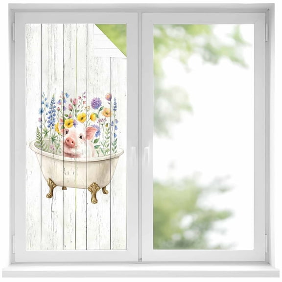 Spring Floral Pig Window Privacy Film, Elegant Flowers Leaves Farmhouse Wooden Static Cling UV Sun Blocking Heat Control Window Tint Day and Night, Non-Adhesive One Way Privacy Cover 17.7''x39.3''
