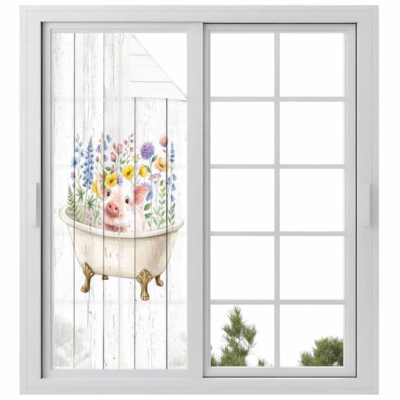 Spring Floral Pig Window Privacy Film, Elegant Flowers Leaves Farmhouse Wooden Static Cling UV Sun Blocking Heat Control Window Tint Day and Night, Non-Adhesive One Way Privacy Cover 23.6''x59''
