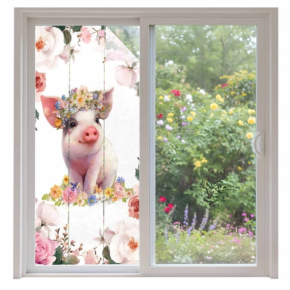 Spring Floral Pig Window Privacy Film, Elegant Pink Botanical Static Cling UV Sun Blocking Heat Control Window Tint Day and Night, Non-Adhesive Reusable One Way Windows Privacy Cover 35.4''x78.7''