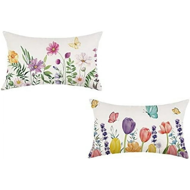 Spring Floral Pillow Covers 12x20 Inch Set of 2 Tulip Lavender Daisy
