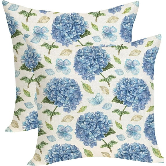 Spring Floral Pillow Covers 16x16 Pack of 2 Blue Hydrangea Flower Throw Pillow Covers Decoration,Summer Holiday Decor Pillowcase Rustic Farmhouse Linen Cushion Case for Home Couch Sofa Outdoor