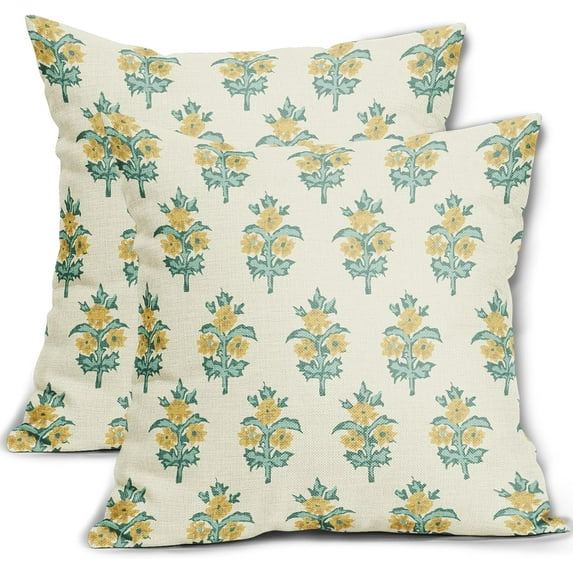 Spring Floral Pillow Covers 16x16 Set of 2 Aqua Yellow Flower Leaves Print Decorative Throw Pillow Cases Outdoor Farmhouse Decoration for Sofa Couch Bed