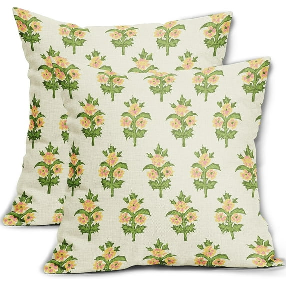 Spring Floral Pillow Covers 16x16 Set of 2 Green Pink Yellow Flower Leaves Print Decorative Throw Pillow Cases Outdoor Farmhouse Decoration for Sofa Couch Bed