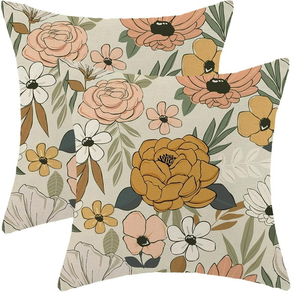 Spring Floral Pillow Covers 18 x 18 Inch Set of 2 for Vintage Mustard Yellow Pink Flowers Decor Throw Pillows Plant Cream Outdoor Decorative Cushion Cases for Couch Bed Decorations