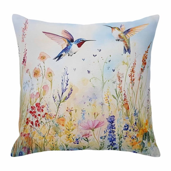 Spring Floral Pillow Covers 18x18 Inch, Pastoral Rustic Hummingbird Botanical Linen Pillowcase with Invisible Zipper, Decorative Throw Pillow Covers Cushion Case for Couch Sofa Bed Living Room