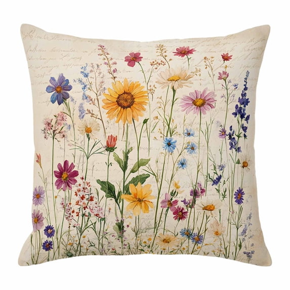 Spring Floral Pillow Covers 18x18 Inch, Vintage Pastoral Rustic Botanical Flowers Linen Pillowcase with Invisible Zipper, Decorative Throw Pillow Covers Cushion Case for Couch Sofa Bed Living Room