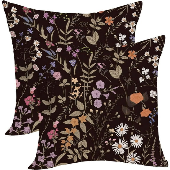 Spring Floral Pillow Covers 18x18 Pack of 2 Black Botanical Wildflower Herbs Throw Pillow Covers Outdoor,Summer Flower Plant Decorative Pillowcase Farmhouse Linen Cushion Case for Sofa Couch