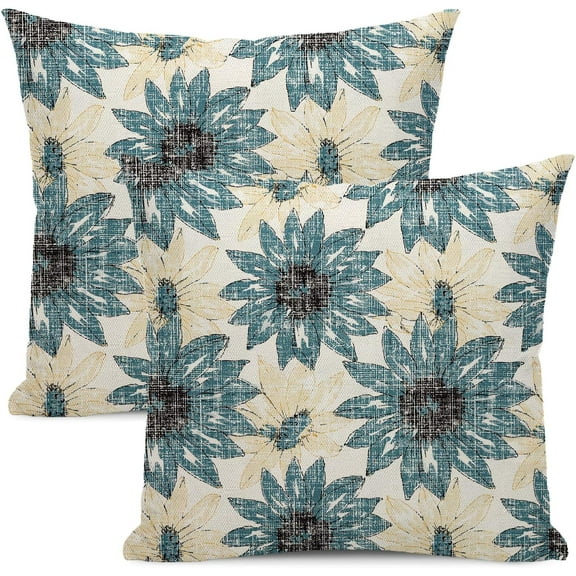 Spring Floral Pillow Covers 18x18 Set of 2 Blue Gold Retro Daisy Throw Pillow Covers Decoration Summer Holiday Decor Pillowcase Vintage Farmhouse Linen Cushion Cover for Couch Sofa Outdoor