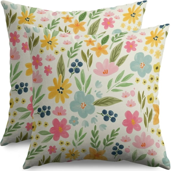 Spring Floral Pillow Covers 18x18 Set of 2 Cute Wild Flower Pink Yellow Blue Plant Print Decorative Throw Pillow Cases Outdoor Seasonal Farmhouse Decor for Sofa Couch Bed