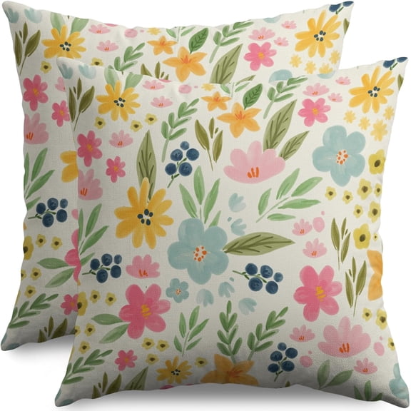 Spring Floral Pillow Covers 18x18 Set of 2 Cute Wild Flower Pink Yellow Blue Plant Print Decorative Throw Pillow Cases Outdoor Seasonal Farmhouse Decor for Sofa Couch Bed