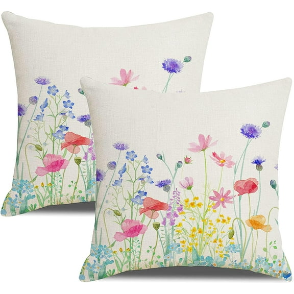 Spring Floral Pillow Covers 18x18 set of 2 Watercolor Summer Wild Flowers are in Full Bloom Throw Pillow Case Home Decorations Cushion Cover for Farmhouse Couch Bedroom Sofa Indoor Outdoor Decor