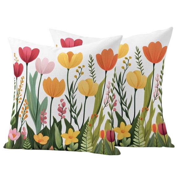 Spring Floral Pillow Covers 2 Pack Cartoon Red Pink Yellow Flowers Green Farm Leaves Pillowcase Waterproof Outdoor Throw Pillow Cover for Patio Garden Square Cushion 20”x20”