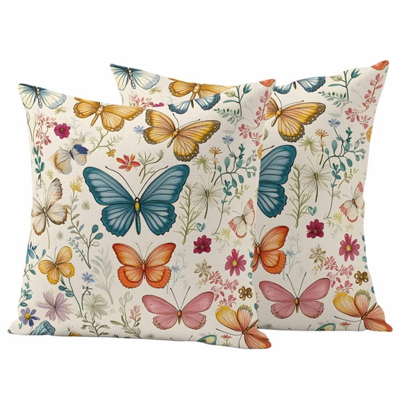 Spring Floral Pillow Covers 2 Pack Colorful Butterflies Watercolor Flower Rustic Farmhouse Pillowcase Waterproof Outdoor Throw Pillow Cover for Patio Garden Square Cushion 16”x16”