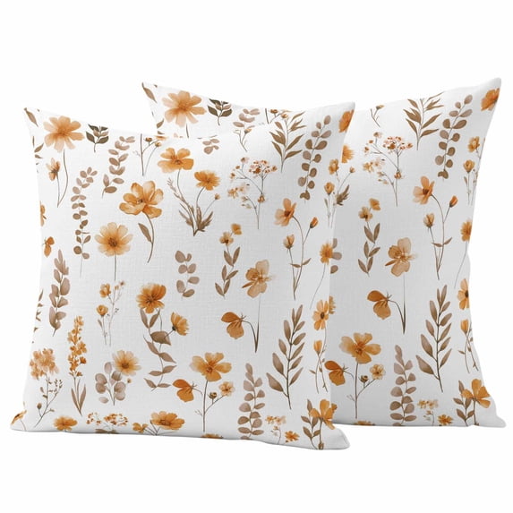 Spring Floral Pillow Covers 2 Pack Orange Yellow Flower Leaf Watercolor Botanical Pillowcase Waterproof Outdoor Throw Pillow Cover for Patio Garden Square Cushion 16”x16”