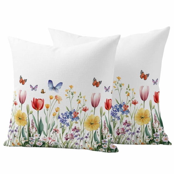 Spring Floral Pillow Covers 2 Pack Pink Yellow Red Wildflower Colorful Butterfly Pillowcase Waterproof Outdoor Throw Pillow Cover for Patio Garden Square Cushion 26”x26”