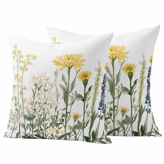 Spring Floral Pillow Covers 2 Pack Rustic White Yellow Blue Flowers Farmhouse Vintage Pillowcase Waterproof Outdoor Throw Pillow Cover for Patio Garden Square Cushion 26”x26”