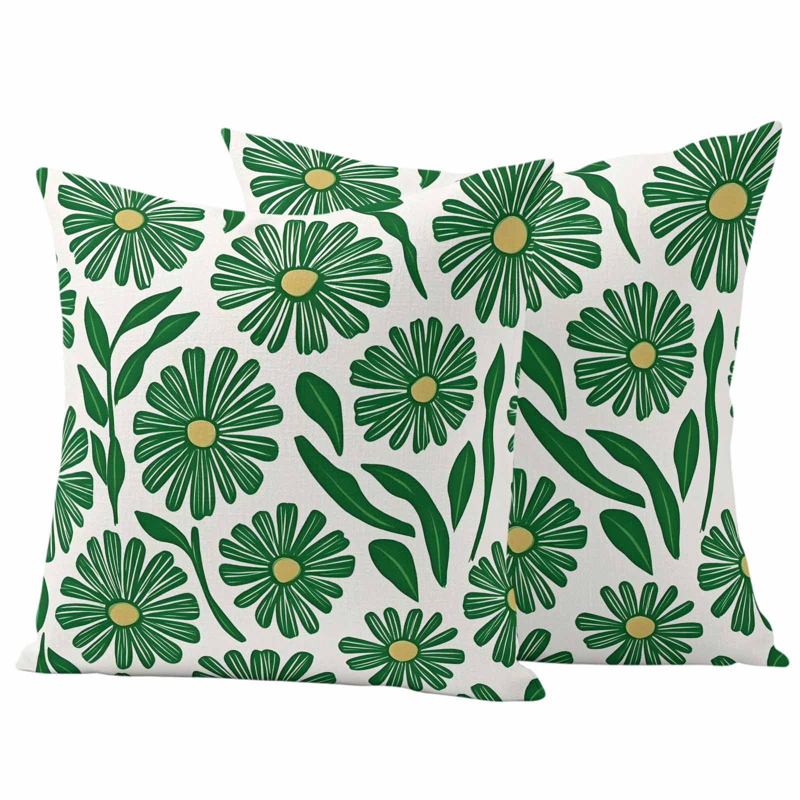 Spring Floral Pillow Covers 2 Pack Watercolo RVintage Green Flower Grenn Leaf Plan Pillowcase Waterproof Outdoor Throw Pillow Cover for Patio Garden Square Cushion 20”x20”