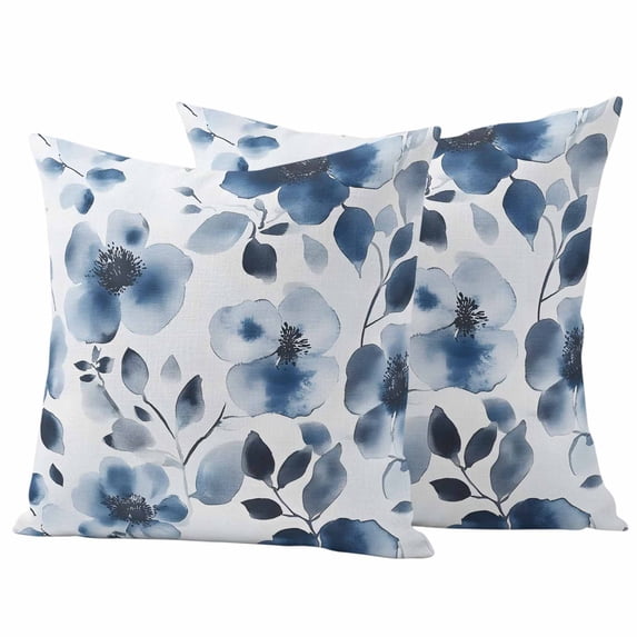 Spring Floral Pillow Covers 2 Pack Watercolor Dark Blue Flower Green Leaves Farmhouse Pillowcase Waterproof Outdoor Throw Pillow Cover for Patio Garden Square Cushion 16”x16”