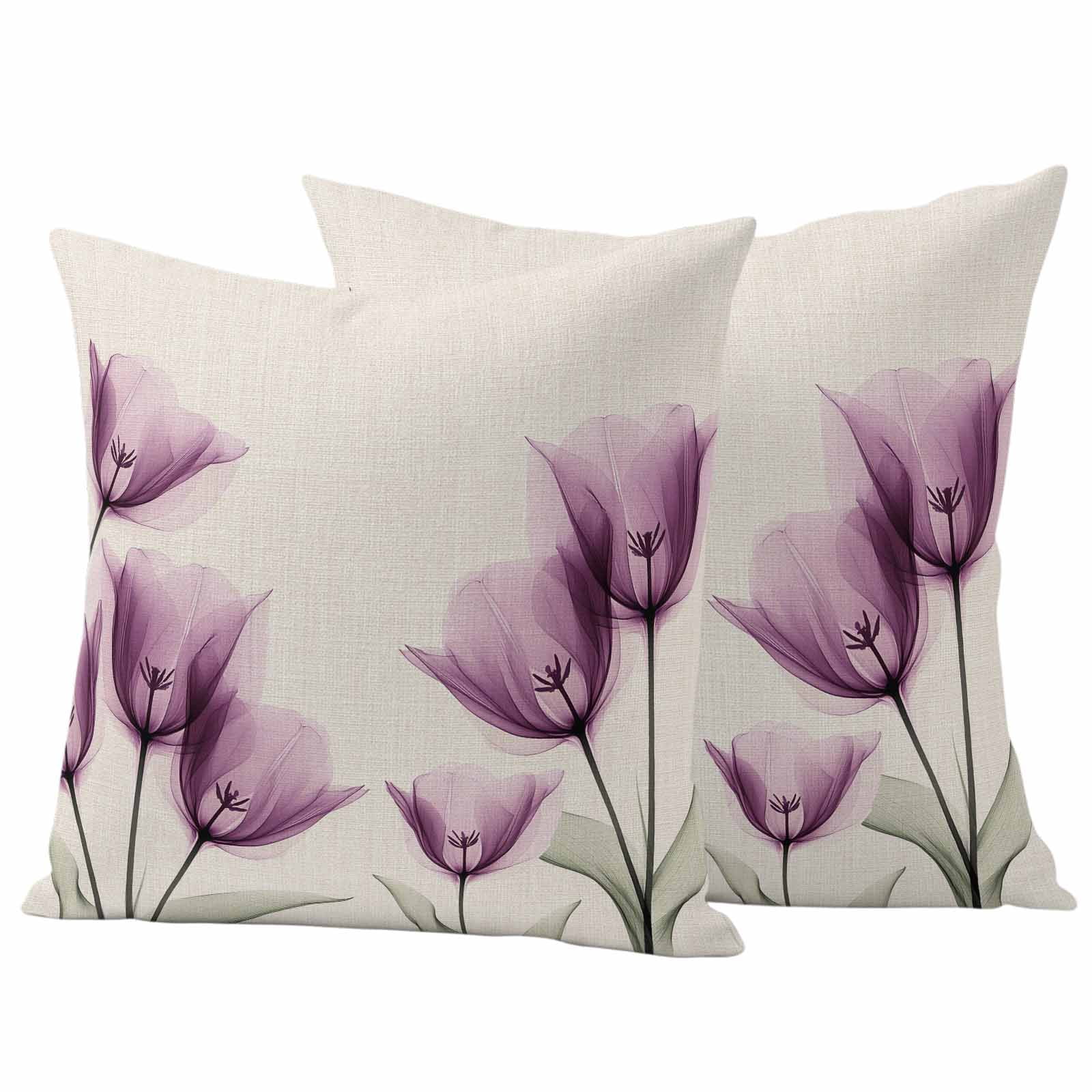 Spring Floral Pillow Covers 2 Pack Watercolor Flowers Purple Tulip Linen Texture Pillowcase Waterproof Outdoor Throw Pillow Cover for Patio Garden Square Cushion 24”x24”