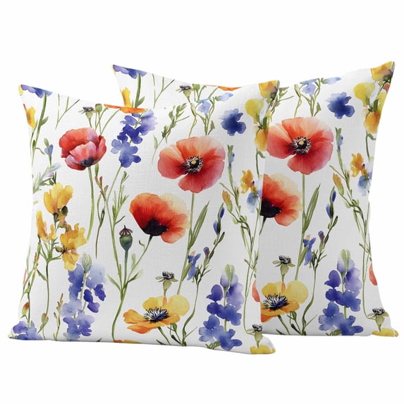 Spring Floral Pillow Covers 2 Pack Watercolor Yellow Blue Red Poppy Flower Pillowcase Waterproof Outdoor Throw Pillow Cover for Patio Garden Square Cushion 16”x16”