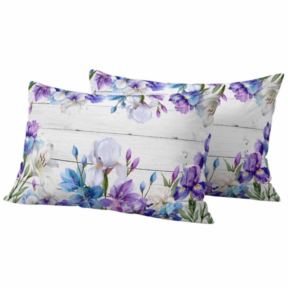 Spring Floral Pillow Covers 2 Pack Watercolors Purple Blue Iris Flowers Wood Grain Pillowcase Waterproof Outdoor Throw Pillow Cover for Patio Balcony Rectangular Cushion 20”x12”