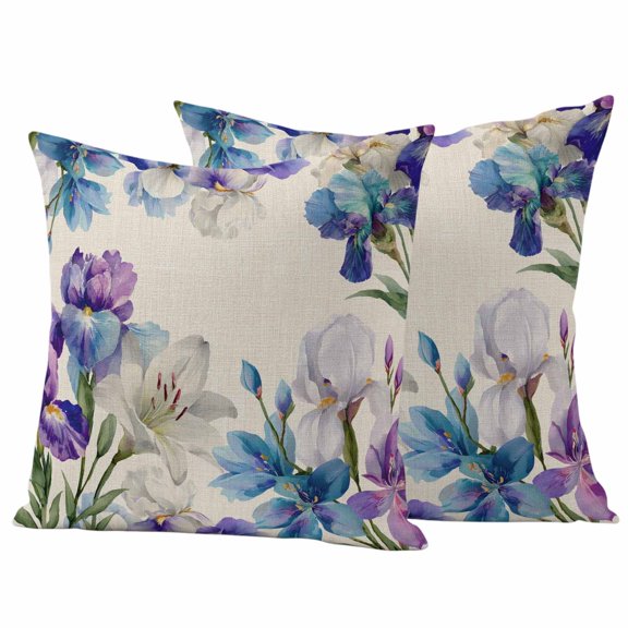 Spring Floral Pillow Covers 2 Pack Watercolors Purple Iris Flowers Vintage Linen Pillowcase Waterproof Outdoor Throw Pillow Cover for Patio Garden Square Cushion 16”x16”