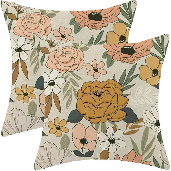 Spring Floral Pillow Covers 20 x 20 Inch Set of 2 for Vintage Mustard Yellow Pink Flowers Decor Throw Pillows Plant Cream Outdoor Decorative Cushion Cases for Couch Bed Decorations