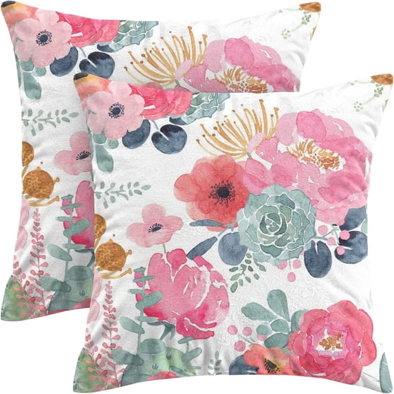 Spring Floral Pillow Covers 20 x 20 Inch Set of 2 for Watercolor Pink Flowers Decor Throw Pillows Green Leaves Plant Outdoor Decorative Cushion Cases with Zipper for Couch Bed Decorations