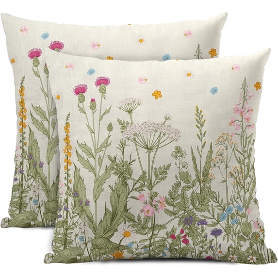 Spring Floral Pillow Covers 20x20 Inch Set of 2 Sage Green Herbs Yellow Flowers Botanical Decorative Throw Pillows Summer Leaves Pillow Cases Farmhouse Home Decor For Cushion Couch Sofa Outdoor