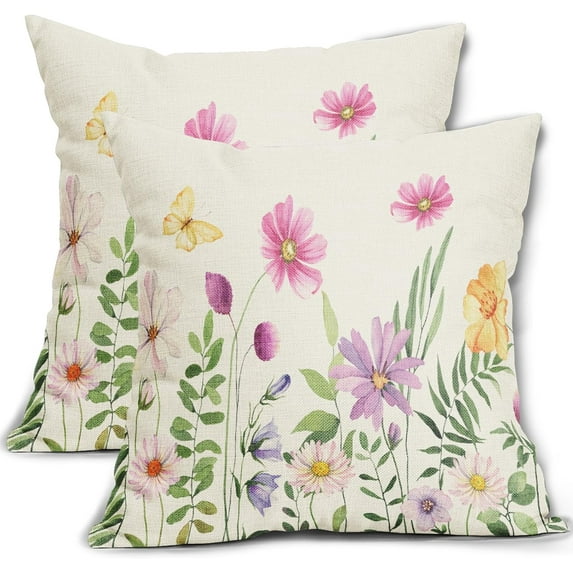 Spring Floral Pillow Covers 20x20 Inch Set of 2 Summer Colorful Flower Butterfly Outdoor Decorative Throw Pillow Covers Farmhouse Pillowcases Cotton Linen Cushion Covers for Couch Bed Sofa Chair Decor