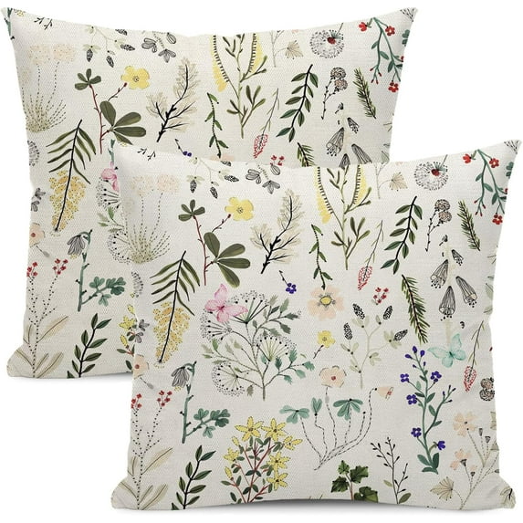 Spring Floral Pillow Covers 20x20 Set of 2 Sage Green Herb Wildflower Botanical Plant Throw Pillow Cover Spring Decor Pillowcase Vintage Farmhouse Linen Cushion Cover for Home Sofa Outdoor