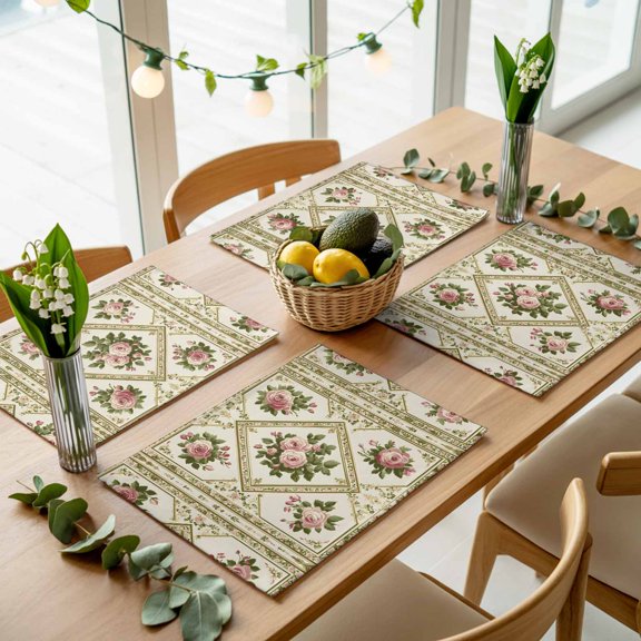 Spring Floral Pink Rose Botanical Placemats Set of 4,Wipeable Washable Table Mats for Dining Tables, Vintage Diamond Pattern Place Mats for Kitchen Event Party Tabletop Decor
