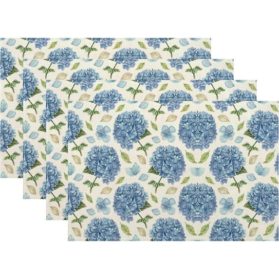 Spring Floral Placemats 12x18 Inches Set of 4 Blue Hydrangea Flower Decorative Rectangle Table Mats Summer Floral Linen Place Mats for Home Kitchen Party Dining Table Decor