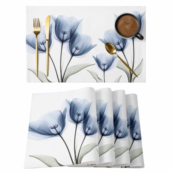 Spring Floral Placemats Set of 1, Blue X-ray Tulip Looming Flower Leaf Modern Non-Slip Place Mats Washable Table Mats for Kitchen Dining Table Decorations Indoor/Outdoor
