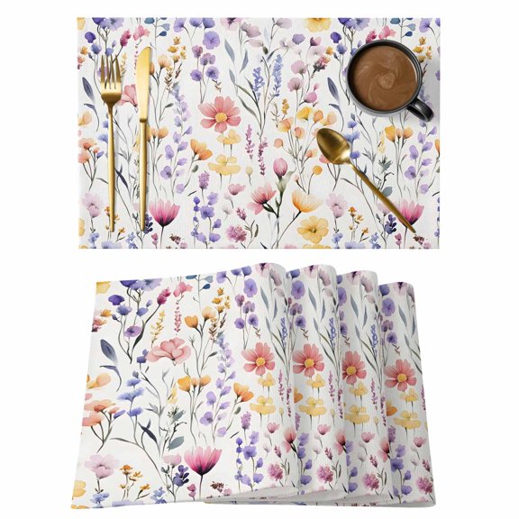 Spring Floral Placemats Set of 1, Colorful Flowers Watercolor Leaves Farmhouse Field Non-Slip Place Mats Washable Table Mats for Kitchen Dining Table Decorations Indoor/Outdoor