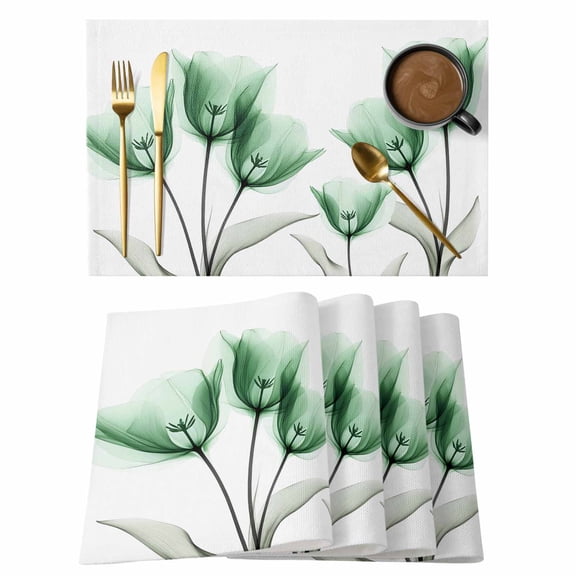 Spring Floral Placemats Set of 1, Green X-ray Tulip Looming Flower Leaf Modern Non-Slip Place Mats Washable Table Mats for Kitchen Dining Table Decorations Indoor/Outdoor