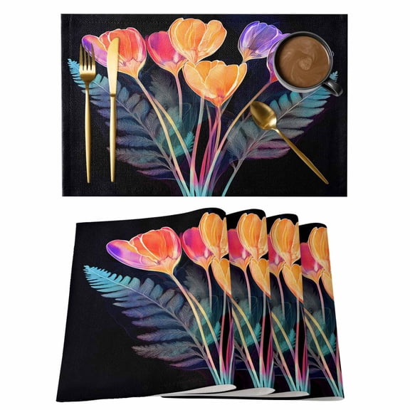 Spring Floral Placemats Set of 1, Mystic Gradient Color Flowers Romantic Modern Black Non-Slip Place Mats Washable Table Mats for Kitchen Dining Table Decorations Indoor/Outdoor