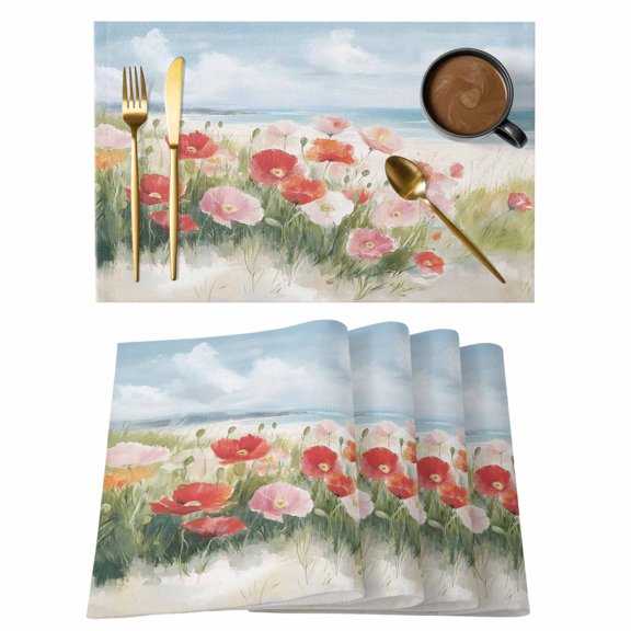 Spring Floral Placemats Set of 1, Poppy Field Sky Beach Watercolor Landscape Non-Slip Place Mats Washable Table Mats for Kitchen Dining Table Decorations Indoor/Outdoor