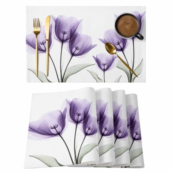 Spring Floral Placemats Set of 1, Purple X-ray Tulip Looming Flower Leaf Modern Non-Slip Place Mats Washable Table Mats for Kitchen Dining Table Decorations Indoor/Outdoor
