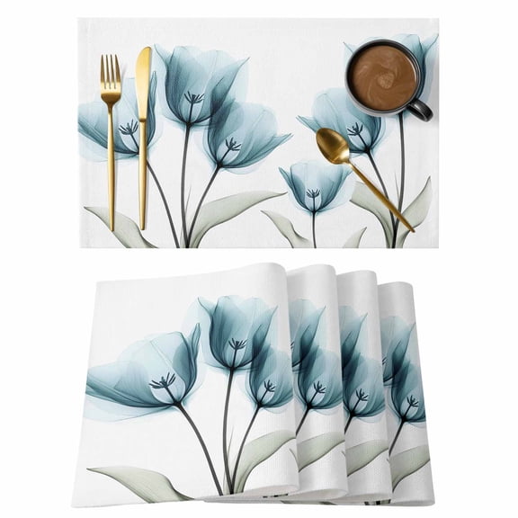 Spring Floral Placemats Set of 1, Teal Green X-ray Tulip Looming Flower Leaf Modern Non-Slip Place Mats Washable Table Mats for Kitchen Dining Table Decorations Indoor/Outdoor