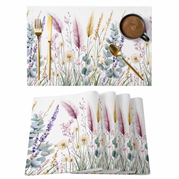 Spring Floral Placemats Set of 1, Watercolor Flower Lucky Eucalyptus Leaf Rustic Field Non-Slip Place Mats Washable Table Mats for Kitchen Dining Table Decorations Indoor/Outdoor