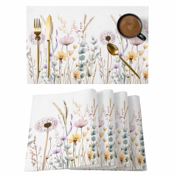 Spring Floral Placemats Set of 1, Watercolor Flowers Lucky Eucalyptus Leaf Rustic Field Non-Slip Place Mats Washable Table Mats for Kitchen Dining Table Decorations Indoor/Outdoor