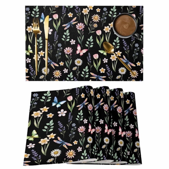 Spring Floral Placemats Set of 12, Elegant Pastoral Flowers Dragonfly Black Placemats for Dining Table, Place Mats for Kitchen Tabletop, Waterproof Wipeable Dining Table Mats Set