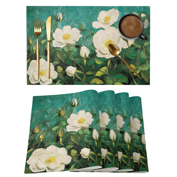 Spring Floral Placemats Set of 12 Modern Abstract Flowers Leaves Place Mats Indoor Wipeable Table Mats Washable Cloth Dining Table Placemats for Kitchen Holiday Party Home Decor 13x19 Inch