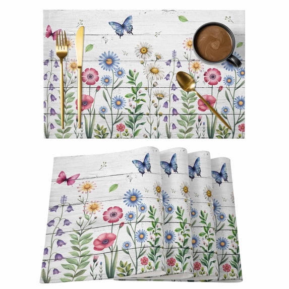 Spring Floral Placemats Set of 12, Pink Blue Flowers Butterfly Wooden Placemats for Dining Table, Place Mats for Kitchen Tabletop, Waterproof Wipeable Dining Table Mats Set